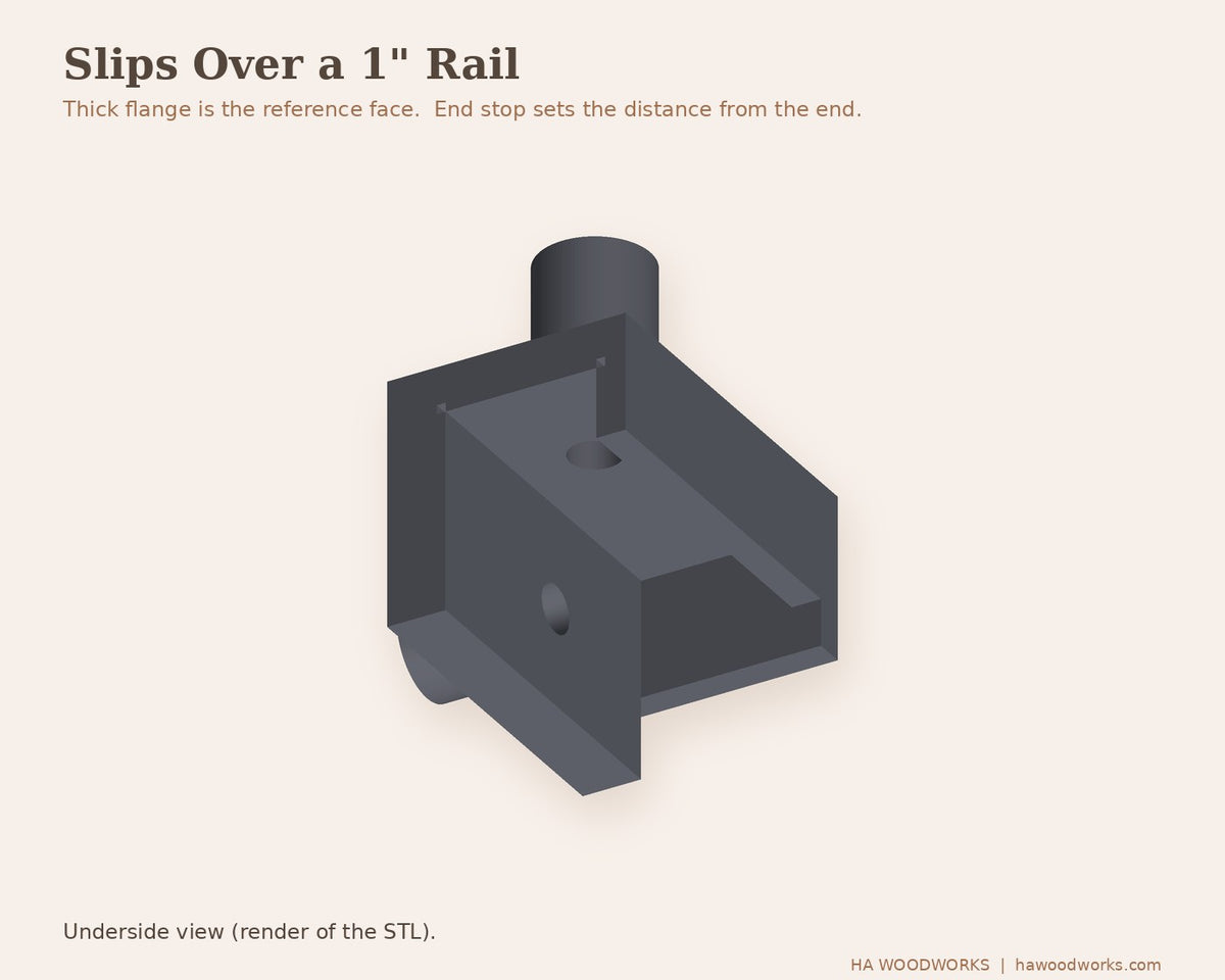 Underside render of the drill guide showing the slot that slips over a 1 inch rail