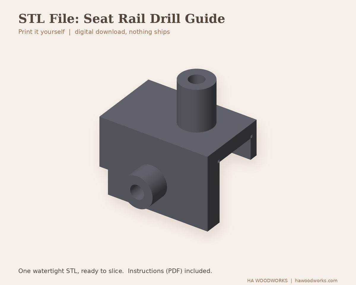 Render of the seat rail drill guide STL