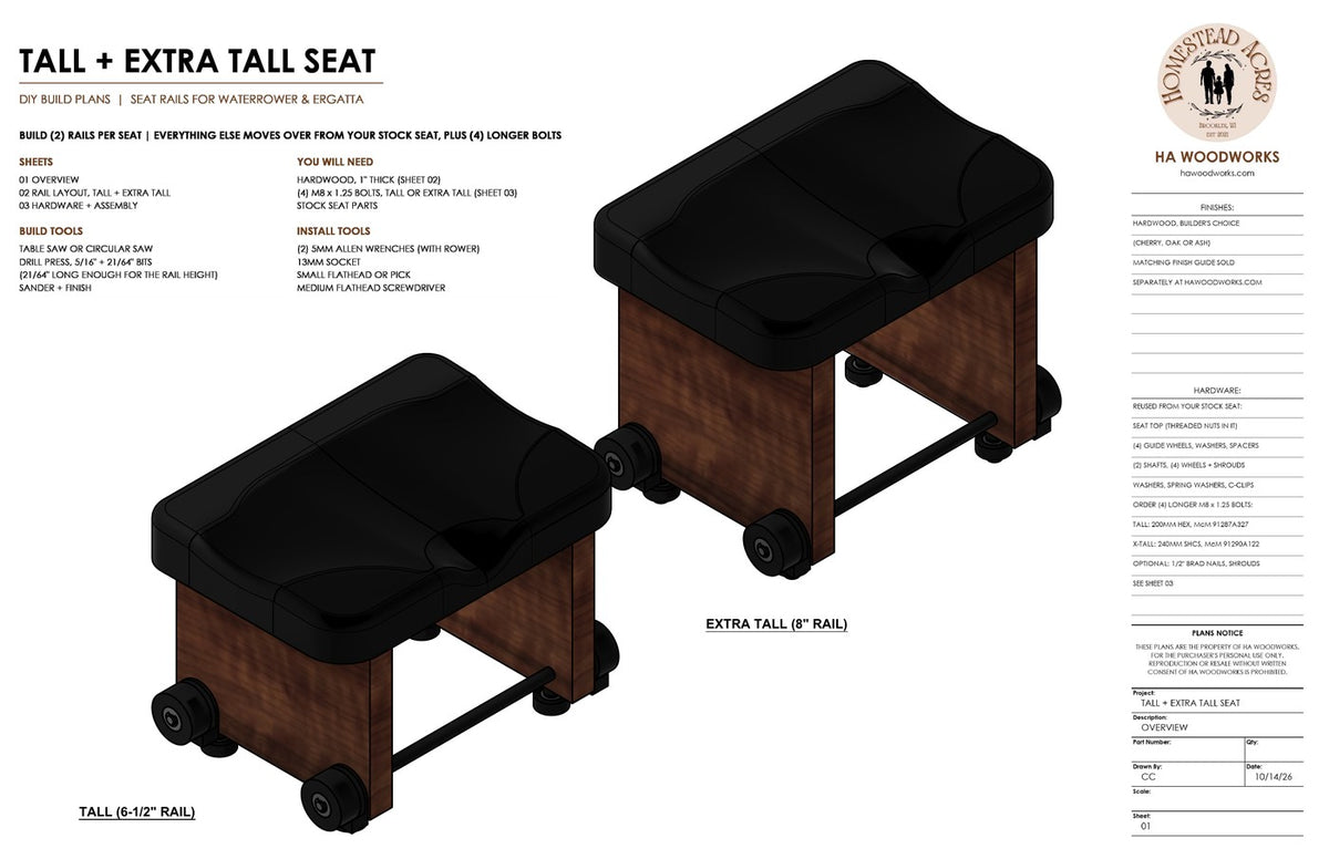 Tall and Extra Tall seat rail plans overview: raised seat on Ergatta or WaterRower rail