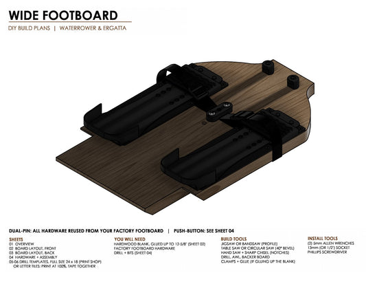 Wide footboard plans overview sheet: the finished Wide footboard with foot plates and strap